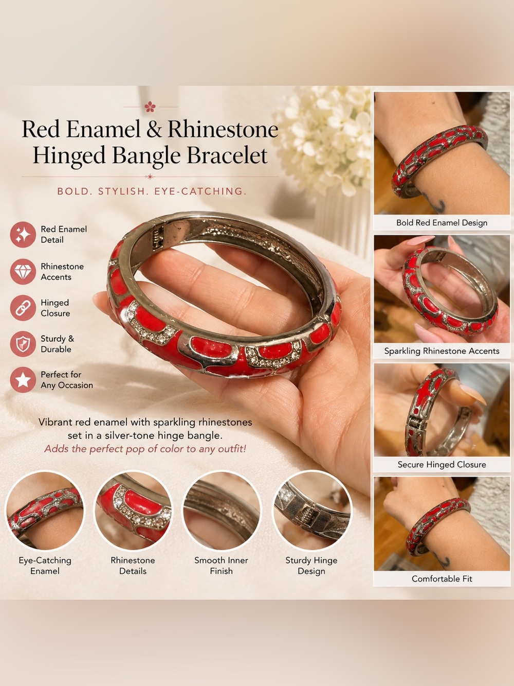 Red Enamel Rhinestone Hinged Bangle Bracelet Silver Tone Statement Jewelry